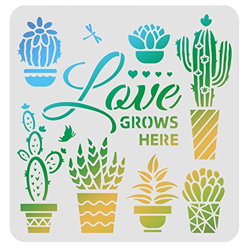 FINGERINSPIRE Love Grows Here Schablonen 30 x 30 cm Topfpflanzen Malschablone Wiederverwendbare Kakteen Sukkulenten Zeichenschablone Vorlage zum Malen auf Holz, Boden, Wand, Papier und Stoff von FINGERINSPIRE