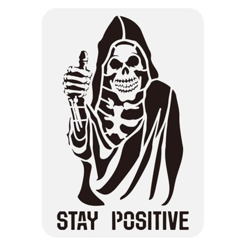 FINGERINSPIRE Lustige Sensenmann Malschablone 21x29.7cm Halloween Sensenmann Vorlage Dekorative Daumen Hoch Schablone Ausgehöhlte Worte Stay Positive Schablone Skelett Themenschablone Für Heimwerker von FINGERINSPIRE