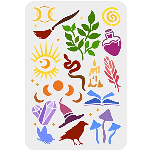FINGERINSPIRE Magic Schablonen Brett Malschablone 29,7x21cm Mondphasen Sterne Teufelsaugen Schablone Hexenzubehör Kerze Vogel Schmetterling Blätter Muster Schablonen auf Holz Boden Wand von FINGERINSPIRE