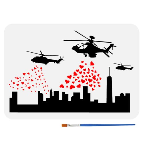 FINGERINSPIRE Malschablone Banksy Helikopter Und Herzen Mit Kunststoffpinsel 21x29.7 cm Wiederverwendbare Helikopter Mustervorlage Banksy Themenschablone Zum Malen Auf Holz Wand Stoff Möbeln von FINGERINSPIRE