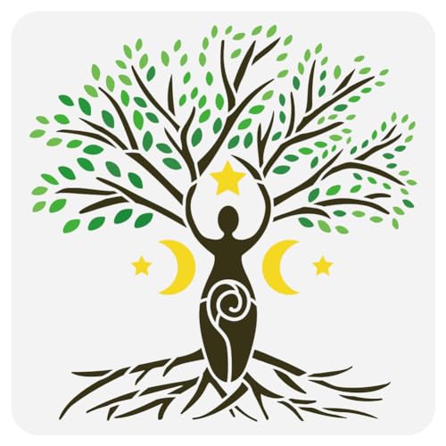 FINGERINSPIRE Malschablone Baum des Lebens 30x30 cm Groß Spirale Göttin Zeichenvorlage Kunststoff Mond Stern Baum Blätter Malschablone Ausgehöhlte Pflanze Motivschablone Für Wand Und Bodendekoration von FINGERINSPIRE