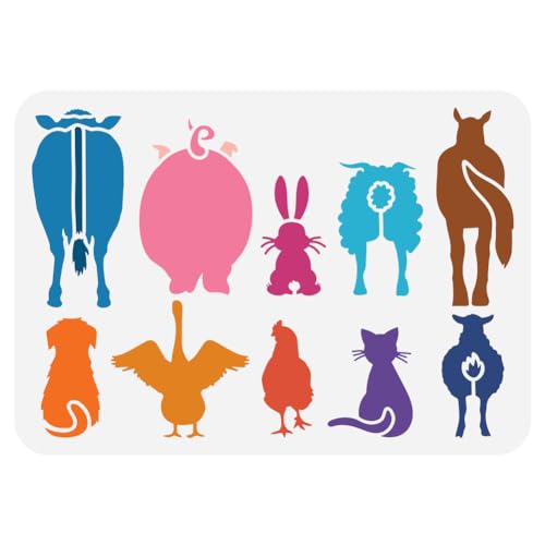 FINGERINSPIRE Malschablone mit Bauernhoftieren, 21,1 x 29,7 cm, wiederverwendbare Tiere, Rückansichtsmuster, Zeichenschablone, Kühe, Schaf, Pferd, Kaninchen, Katze, Hund, Ziege, Schablone zum Malen von FINGERINSPIRE