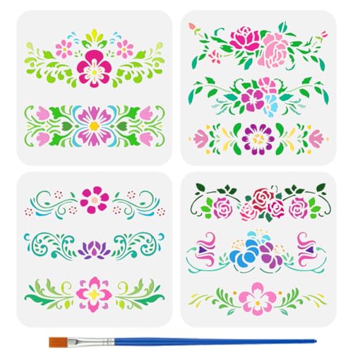 FINGERINSPIRE Malschablone mit Blumenbordüre, 20 x 20 cm, wiederverwendbare Blumenblätter, Zeichenschablone, dekorative Rosenmuster, Kunststoff-Pflanzen-Thema zum Malen auf Holzdekoration, 4 Stück FINGERINSPIRE Malschablone mit Blumenbordüre, 20 x 20 cm, wiederverwendbare Blumenblätter, Zeichenschablone, dekorative Rosenmuster, Kunststoff-Pflanzen-Thema zum Malen auf Holzdekoration, 4 Stück von FINGERINSPIRE