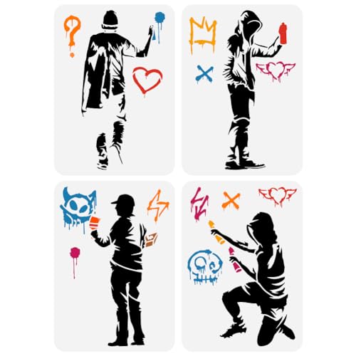 FINGERINSPIRE Malschablonen Banksy-Mann mit Kritzelei im Hut, 21,1 x 29,7 cm, wiederverwendbar, für große Straßen-Graffiti-Kunstvorlagen, 4 Stück FINGERINSPIRE Malschablonen Banksy-Mann mit Kritzelei im Hut, 21,1 x 29,7 cm, wiederverwendbar, für große Straßen-Graffiti-Kunstvorlagen, 4 Stück von FINGERINSPIRE
