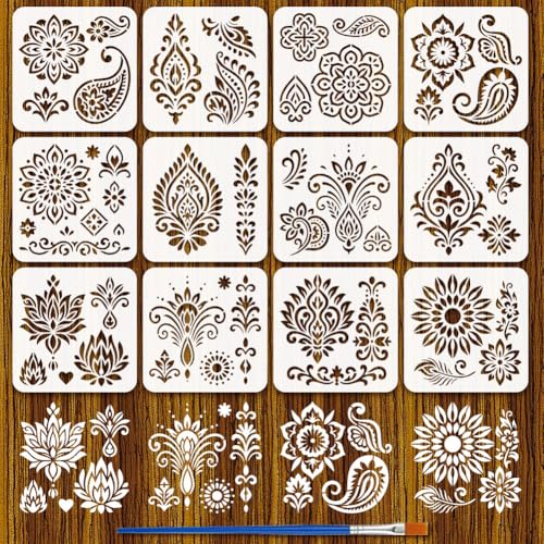 FINGERINSPIRE Mandala-Muster-Schablonen mit Pinsel, 20,1 x 20,1 cm, 12 Stile, Blumendesign, Bastelschablone, Mandala-Blumenschablonen, wiederverwendbare Kunststoffschablone zum Malen auf Holz, Boden von FINGERINSPIRE