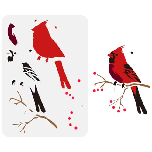 FINGERINSPIRE Mehrschichtige Kardinals Schablone Zum Malen 21x29.7cm Ausgehöhlte Vögel Zweige Zeichenvorlage Kunststoff PET Sterne Beeren Muster Malschablone Tiermotiv Vorlage Für Dekoration von FINGERINSPIRE