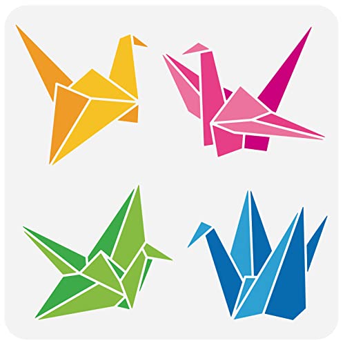 FINGERINSPIRE Origami Kranich Malschablone 30x30cm 4 Stile Papier Kranich Schablonen, Kunststoff Origami Kranich Muster Schablone, Wiederverwendbare Schablonen Für Kindergarten, Kinderzimmer von FINGERINSPIRE