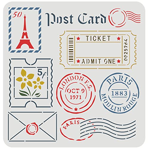 FINGERINSPIRE Paris Postage Malschablone 30x30cm Französische Briefmarke Schablone Wiederverwendbare Blumen Umschläge Spielkonsole Muster Bastelschablone zum Malen auf Scrapbook Stoff Fliesen Wand von FINGERINSPIRE