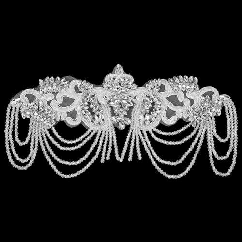 FINGERINSPIRE Perlen-Strass-Applikation, Verzierung, 13 x 27,4 x 0,5 cm, weiße Blume, Organza-Applikation mit Perlen, Kette, Strass-Applikationen für Hochzeitskleid, DIY-Zubehör, Gürtel, Taille von FINGERINSPIRE