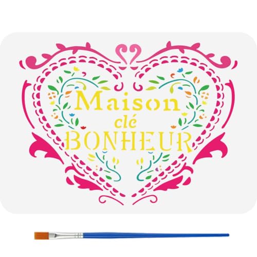 FINGERINSPIRE Retro Malschablone Mit Liebesrand 21x29.7cm Dekorative Haus Herz Vorlage Mit Pinsel Kunststoff Vintage Herz Schablone Maison Clé Bonheur Schablone Schild Themen Vorlage Für Heimwerker von FINGERINSPIRE
