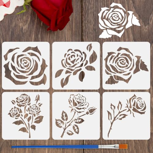 FINGERINSPIRE Rosen-Malschablone mit Pinsel, 15 x 15 cm, einzelne Rose, Zeichenschablone, mehrere Rosen, DIY-Schablone, Rosen-Dekoration, Vorlage zum Malen auf Holz, Wand, Stoff, Möbel, 6 Stück von FINGERINSPIRE