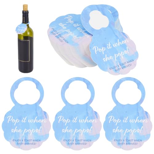 FINGERINSPIRE Runde Weinflaschenanhänger "Pop it When She Pops", Himmelblau, Mini-Champagner-Baby-Party, Weinflaschenanhänger mit vorgeschnittenem Loch für Babyparty, Babyparty, Gastgeschenk, 50 Stück von FINGERINSPIRE