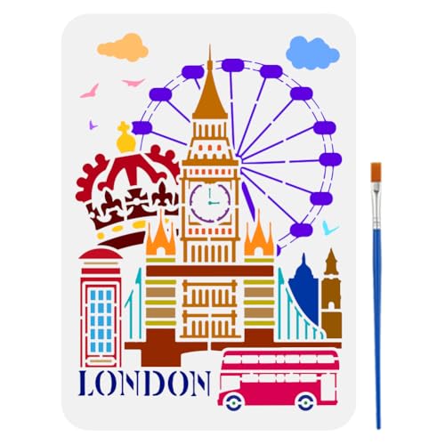FINGERINSPIRE Schablone Londoner Straßenszene, Tower Bridge, Big Ben, Riesenrad, 21x29.7cm FINGERINSPIRE Schablone Londoner Straßenszene, Tower Bridge, Big Ben, Riesenrad, 21x29.7cm von FINGERINSPIRE
