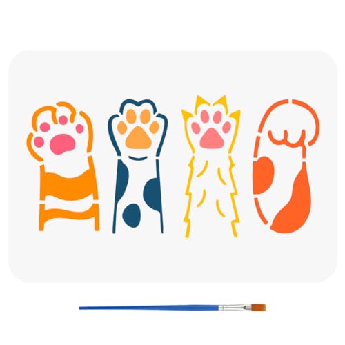 FINGERINSPIRE Schablone Stop Pfotenabdruck Schablone Mit Pinsel 29.7x21cm Pfotenrand Kunststoff PET Malschablone Katzen Und Hunde Tierpfotenabdruck Vorlage Pfotenschablonen Für Heimwerkerarbeiten von FINGERINSPIRE