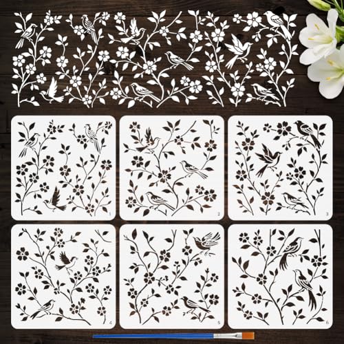 FINGERINSPIRE Schablone zum Malen mit Pinsel, 30 x 30 cm, wiederverwendbar, Vögel auf Baum, Schablone, Zeichnungsvorlage, Tiermotiv, DIY-Dekoration, Vorlage zum Malen auf Holzstoff, 6 Stück von FINGERINSPIRE