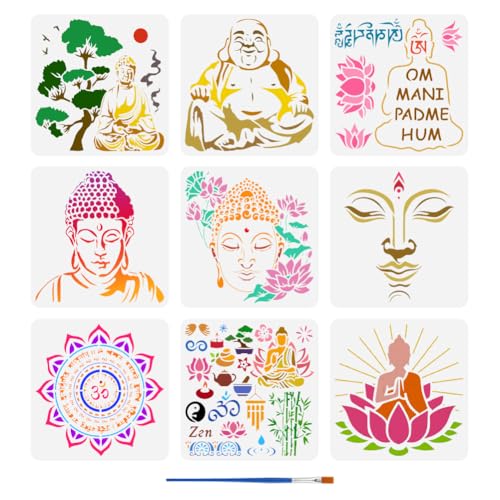 FINGERINSPIRE Schablonen mit religiösem Muster und Pinsel, 30 x 30 cm, Buddha-Malschablonen, Yoga-Muster-Vorlage, PET, Mandala, Lotusblüte, Vorlage für Holz, Wand, Boden, Fliesen, Möbel, 9 Stück von FINGERINSPIRE