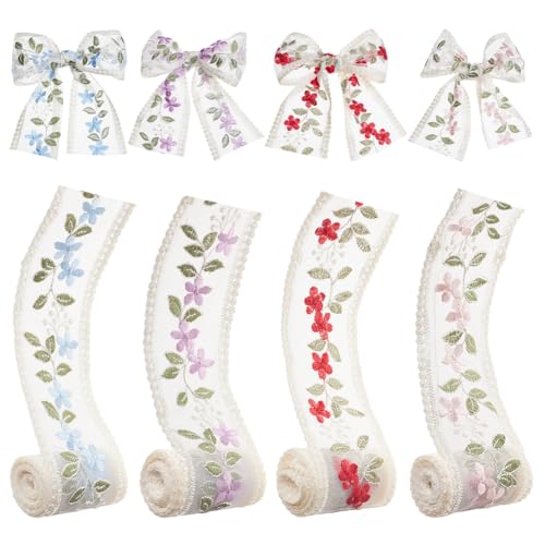 FINGERINSPIRE Spitzenband mit Stickerei, Blumenmuster, 4 Stile, Rot/Rosa/Violett/Blau, Stickerei, Nähen, Spitzenborte, Netz, Tüllband für Hochzeit/Brautdekoration (3,3 m/Farbe) von FINGERINSPIRE