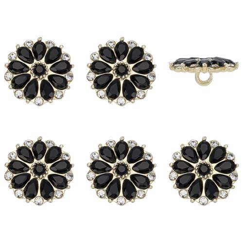 FINGERINSPIRE Strass-Knöpfe mit Blumen-Motiv, 1,8 cm Durchmesser, Legierung, Strass-Knöpfe mit 1 Loch, schwarze Glas-Strasssteine, Nähknöpfe für Handwerk, Hochzeit, Party, Kleidung, Verzierungen, 6 von FINGERINSPIRE