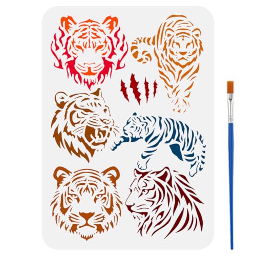 FINGERINSPIRE Tiger Motiv Schablone Mit Pinsel 21x29.7cm Schablone Mit Brennendem Tigerkopf Schablone Zum Malen Mit Jagendem Tiger Silhouette Eines Springenden Tigers Vorlagen Für Wandfliesen Boden von FINGERINSPIRE