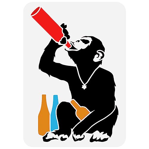 FINGERINSPIRE Trinkender Schimpanse Schablone 29.7x21 cm Wiederverwendbare Schimpansen Malschablone Orang Utan Mit Weinflaschen Vorlage Trinkender Affen Schablone Für Bar Zuhause Party Maldekoration von FINGERINSPIRE