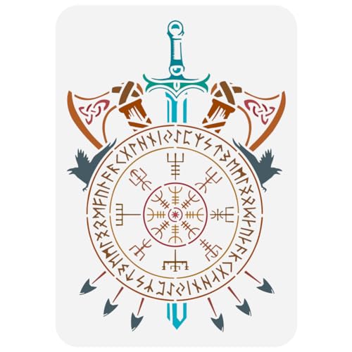 FINGERINSPIRE Wikinger-Kompass-Malschablone, 8,3 x 11,7 cm, PET, Vegvisir-Münze, Sprühen großer skandinavischer Runen, Zeichnungsvorlage, Wikingerwaffen, Pfeile, Äxte, Schwerter für Heimdekoration FINGERINSPIRE Wikinger-Kompass-Malschablone, 8,3 x 11,7 cm, PET, Vegvisir-Münze, Sprühen großer skandinavischer Runen, Zeichnungsvorlage, Wikingerwaffen, Pfeile, Äxte, Schwerter für Heimdekoration von FINGERINSPIRE