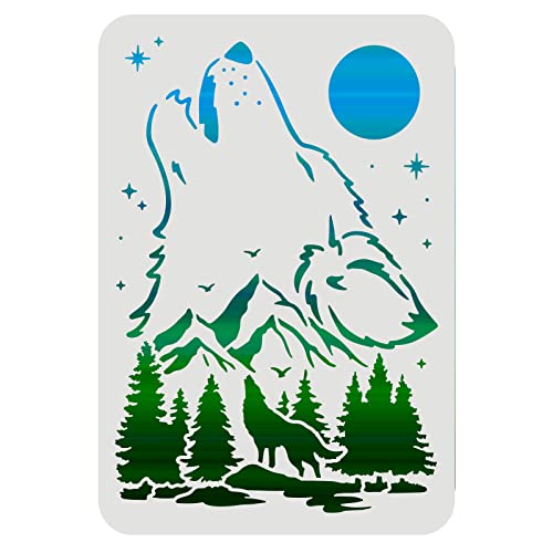 FINGERINSPIRE Wolf Schablonen Dekorationsschablone 29,7 x 21 cm Kunststoff Wald Berg Mond Zeichnung Malschablonen A4 Wiederverwendbare Schablonen für DIY Wolf Handwerk und Dekoration von FINGERINSPIRE