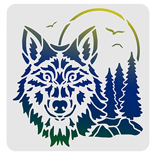 FINGERINSPIRE Wolf Schablonen Vorlage 30x30cm Kunststoff Wald Berg Mond Zeichnung Malschablonen Quadratische Wiederverwendbare Schablonen zum Malen auf Holz, Boden, Wand und Fliesen von FINGERINSPIRE