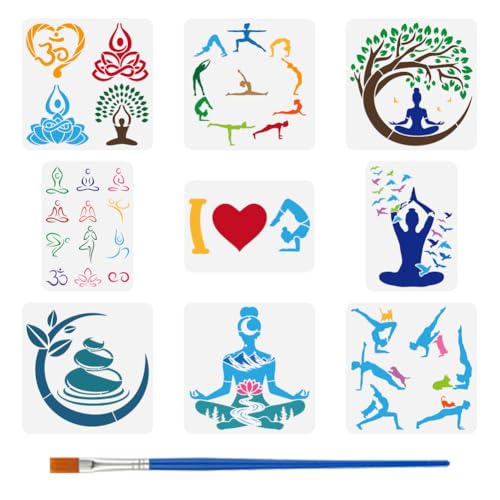 FINGERINSPIRE Yoga-Motiv-Schablonen mit 1 Pinsel, 2 Größen, Yoga-Muster-Vorlage, Yoga-Om-Symbole, Bastelschablone zum Malen auf Wand, Holz, Boden, Fliesen, Leinwand, Stoff, Möbel, 9 Stück von FINGERINSPIRE