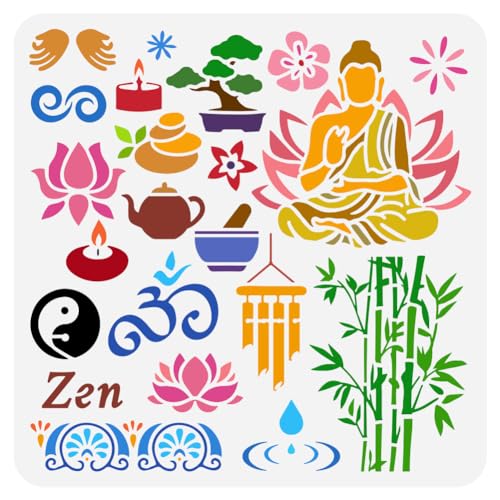 FINGERINSPIRE Zen-Motiv-Malschablone 30x30cm Buddha Lotus Kerze Bambus Religiöses Thema Handwerk Schablone für Malerei auf Wand Holz Möbel DIY Home Decor von FINGERINSPIRE