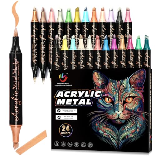 FINGERTIP STORY Metallic Marker Stifte, 24 Dual Tip Acrylstifte Wasserfest, Steine bemalen Stifte Set, doppelköpfige Acrylmarker, Metallic Stifte für holz, Glas, Keramik FINGERTIP STORY Metallic Marker Stifte, 24 Dual Tip Acrylstifte Wasserfest, Steine bemalen Stifte Set, doppelköpfige Acrylmarker, Metallic Stifte für holz, Glas, Keramik von FINGERTIP STORY