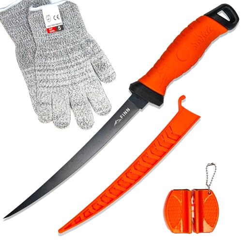 FINN Outdoors Filetiermesser Set Edelstahl Angelmesser, Fischmesser, Ausbeinmesser mit 2in1 Messerschärfer, scharfes Messer zum Angeln & Filetieren, Schnittschutzhandschuhe (orange) von FINN Outdoors