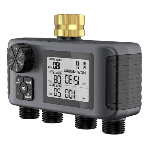 4 Zone Gartenschlauch Timer Automatische Manuelle Regenverzögerungsmodi IPX5 Wetterfestes Messing Wasserhahn Bewässerung Controller Für Yards Rasenwässerung Controller von FIRSTXIU