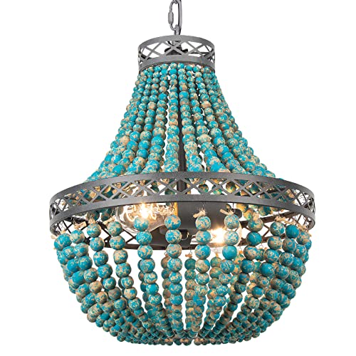 FIRVRE Blau Boho Natürlich HolzPerlen Pendelleuchte Vintage Rustikale Led Hängende Lampe E27 Loft französische Landschaft Kronleuchter Deckenbeleuchtung für Schlafzimmer Küche Insel von FIRVRE