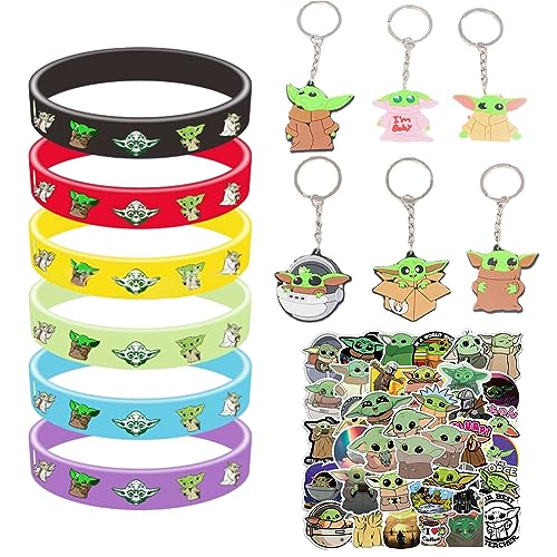 FISAPBXC Baby Y-oda Party Mitgebsel, Spielzeug Set beinhaltet 12 Y-oda Silikon Armbänder, 50 Y-oda Aufkleber, 12 Y-oda Schlüsselanhänger für Kindergeburtstag Party Dekoration Requisiten Partyzubehör FISAPBXC Baby Y-oda Party Mitgebsel, Spielzeug Set beinhaltet 12 Y-oda Silikon Armbänder, 50 Y-oda Aufkleber, 12 Y-oda Schlüsselanhänger für Kindergeburtstag Party Dekoration Requisiten Partyzubehör von FISAPBXC