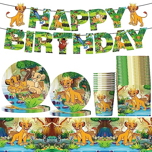 Lion Geburtstag Party Set, Lion Partygeschirr Set Kindergeburtstag Geschirr Set Geburtstag Party Supplies Set Teller, Becher, Servietten,Tischdecke für Kinder Deko Partyzubehör von FISAPBXC
