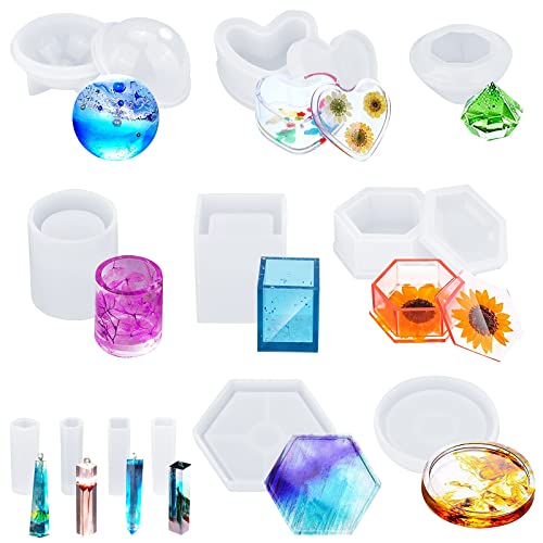 Fishoaky Epoxidharz Formen Set, 12 Stück Resin Gießharz Silikonform, kunstharz formen set groß Umfassen Sphärische,Diamant,Herzförmige für epoxidharz set anfänger DIY Harz Anhänger Schmuckkästchen von FISHOAKY