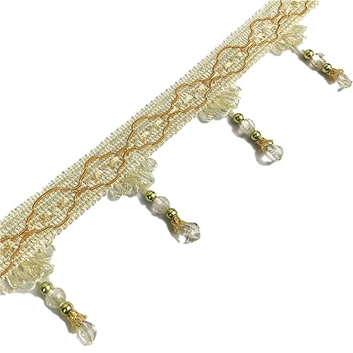 Fransenbesatz mit geflochtenen Perlen, Quaste, geflochtene Kristallperlen, hängende Kugel, Fransenbesatzband for Vorhang, Lampenschirm, Tisch, Nähstoff, 11 Meter(Beige) von FITIOS