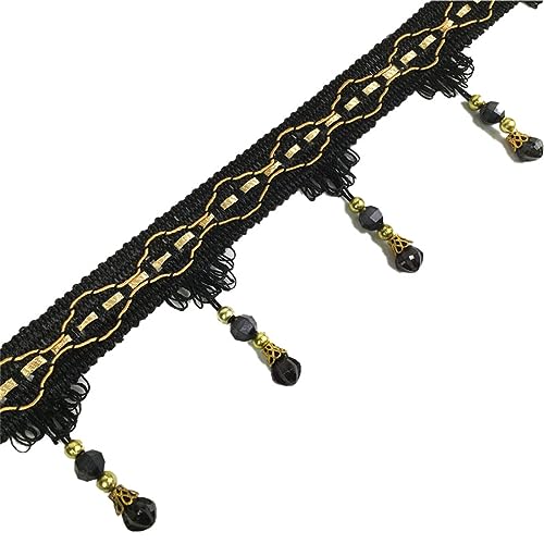 Fransenbesatz mit geflochtenen Perlen, Quaste, geflochtene Kristallperlen, hängende Kugel, Fransenbesatzband for Vorhang, Lampenschirm, Tisch, Nähstoff, 11 Meter(Black) von FITIOS