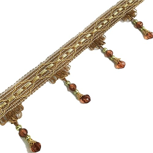 Fransenbesatz mit geflochtenen Perlen, Quaste, geflochtene Kristallperlen, hängende Kugel, Fransenbesatzband for Vorhang, Lampenschirm, Tisch, Nähstoff, 11 Meter(Brown) von FITIOS