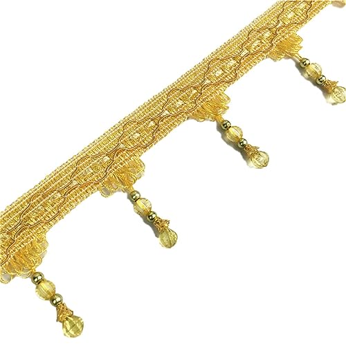 Fransenbesatz mit geflochtenen Perlen, Quaste, geflochtene Kristallperlen, hängende Kugel, Fransenbesatzband for Vorhang, Lampenschirm, Tisch, Nähstoff, 11 Meter(Golden) von FITIOS