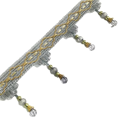 Fransenbesatz mit geflochtenen Perlen, Quaste, geflochtene Kristallperlen, hängende Kugel, Fransenbesatzband for Vorhang, Lampenschirm, Tisch, Nähstoff, 11 Meter(Gray) von FITIOS