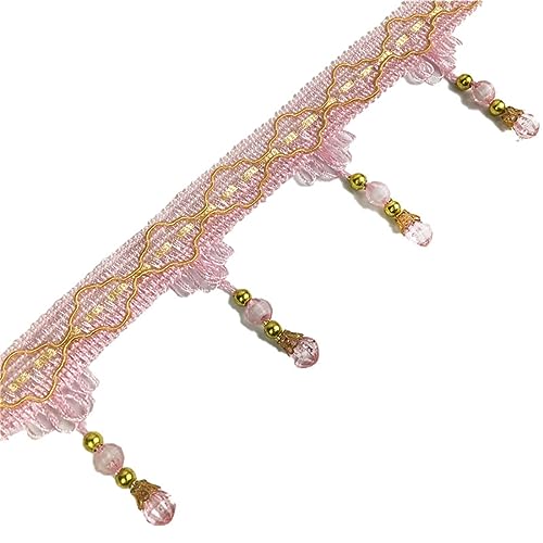 Fransenbesatz mit geflochtenen Perlen, Quaste, geflochtene Kristallperlen, hängende Kugel, Fransenbesatzband for Vorhang, Lampenschirm, Tisch, Nähstoff, 11 Meter(Light Pink) von FITIOS