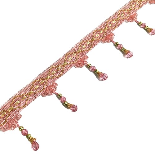 Fransenbesatz mit geflochtenen Perlen, Quaste, geflochtene Kristallperlen, hängende Kugel, Fransenbesatzband for Vorhang, Lampenschirm, Tisch, Nähstoff, 11 Meter(Pink) von FITIOS