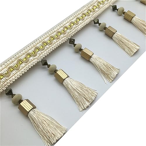 Fransenbesatz mit geflochtenen Perlen, Quaste, geflochtene Perlen, hängendes Fransenbesatzband for Vorhang, Lampenschirm und Kissen, Tischdeckenzubehör(Beige) von FITIOS