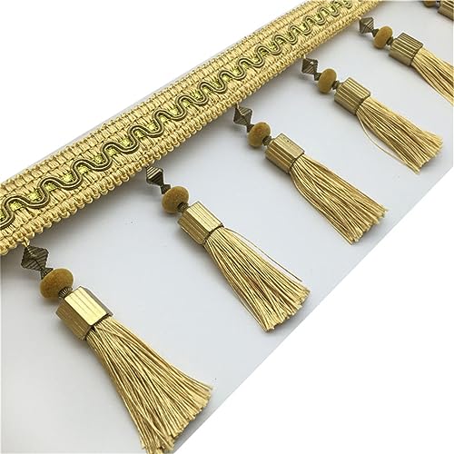Fransenbesatz mit geflochtenen Perlen, Quaste, geflochtene Perlen, hängendes Fransenbesatzband for Vorhang, Lampenschirm und Kissen, Tischdeckenzubehör(Golden) von FITIOS