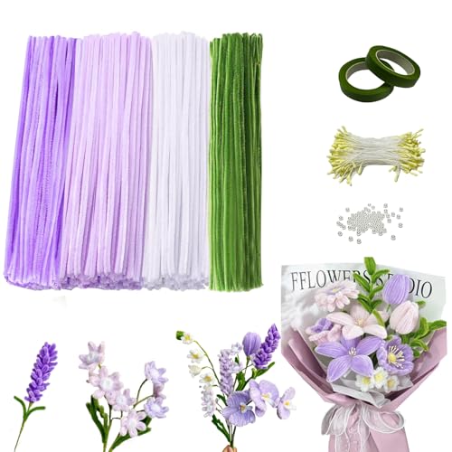 FIVAVA Pfeifenreiniger zum Basteln,500 Stück Pfeifenputzer Set 4 Farben,Pfeifenreiniger zum Basteln mit 300 Stück Staubgefäße,Blumendraht,Geschenkband für DIY Blumenstrauß Dekorationen (Violett) von FIVAVA