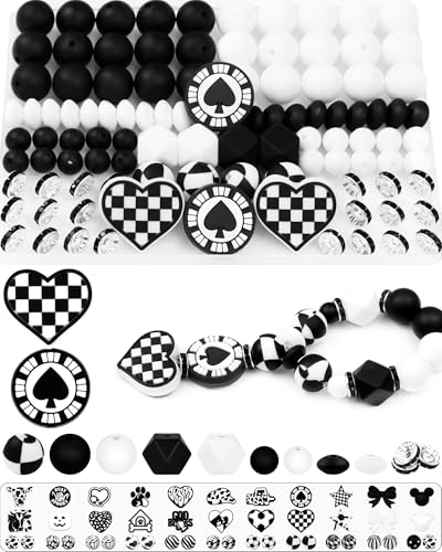 102 Stück FIVEIZERO Silikonperlen für Schlüsselanhängerherstellung, Schwarz und Weiß, gemischte Formen, Silikon-Fokal-Perlen für Armbänder, Stifte und Bastelarbeiten (Schach) von FIVEIZERO