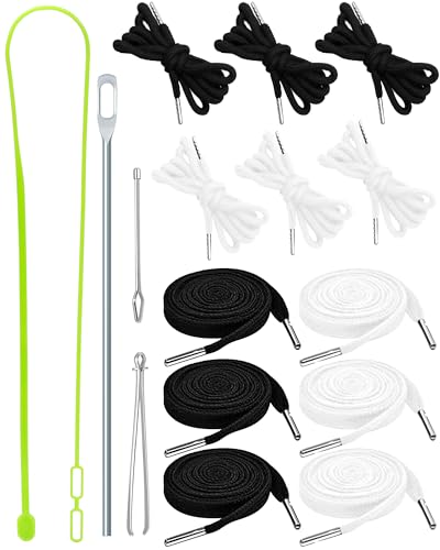 FIVEIZERO 16-teiliges Kordelzug-Ersatz-Set, 12 Kapuzen-Saiten (flach und rund, schwarz und weiß) mit 4 Kordelzug-Einfädler-Werkzeugen, Bodkin, Seileinfädler – Hoodie-String Ersatz für Hosen, Schuhe von FIVEIZERO