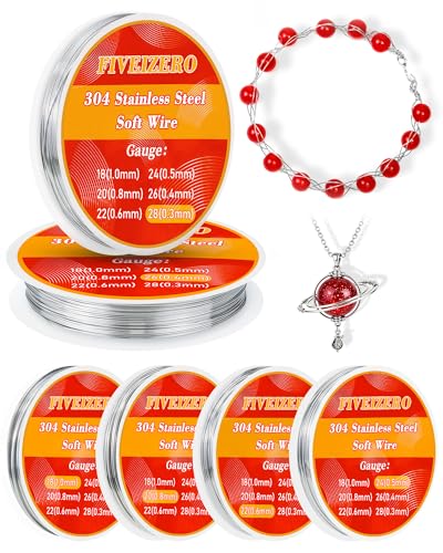 FIVEIZERO Edelstahldraht zur Schmuckherstellung, inklusive 18/20/22/24/26/28 Gauge 304 Edelstahl-Perlendraht, dünner Metall-Basteldraht für Halskette, Perlenschnur, DIY-Schmuck, Blumen- und FIVEIZERO Edelstahldraht zur Schmuckherstellung, inklusive 18/20/22/24/26/28 Gauge 304 Edelstahl-Perlendraht, dünner Metall-Basteldraht für Halskette, Perlenschnur, DIY-Schmuck, Blumen- und von FIVEIZERO