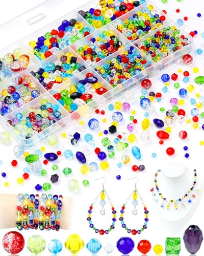 FIVEIZERO Glasperlen zur Schmuckherstellung, verschiedene bunte Regenbogen-Kristallperlen, facettiert, rund, Doppelkegel und Tropfenperlen für selbstgemachte Armbänder, Halsketten, Sonnenfänger und von FIVEIZERO